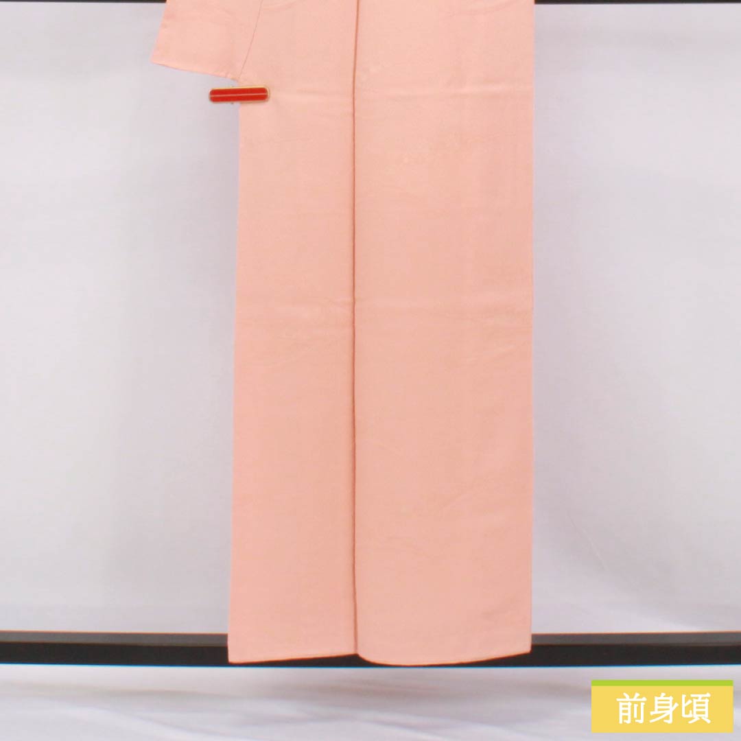 色無地 正絹 Sランク 身丈155.5cm 裄丈59.5cm 鮭色（さけいろ） 一つ紋 橘 抽象模様 袷 ピンク系 1114002502313