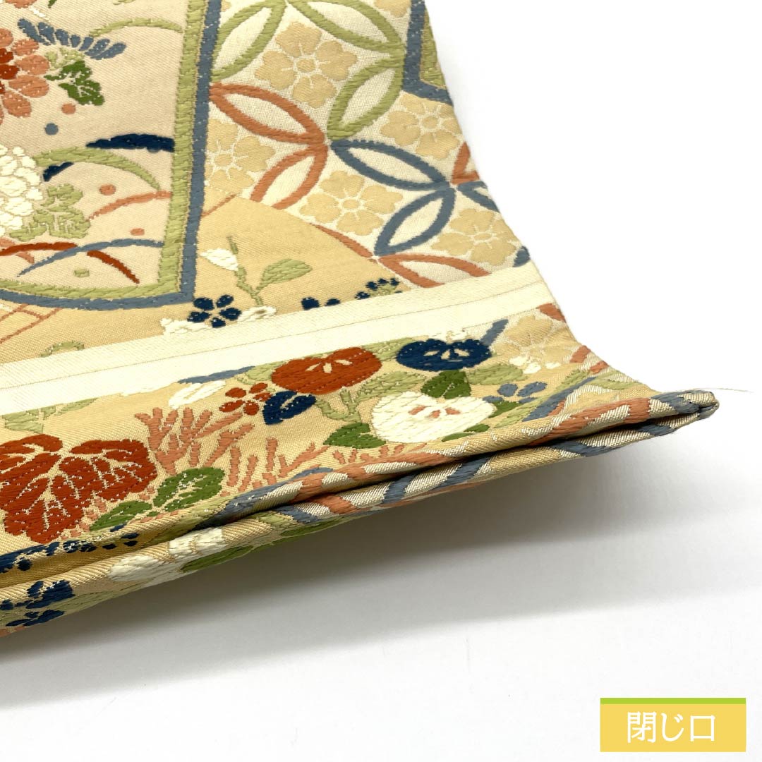 （丸帯）袋帯 正絹 生成り色（きなりいろ） 丸帯 和本 七宝 花模様 帯丈410cm Sランク 全通 フォーマル クリーム系 1123013932315