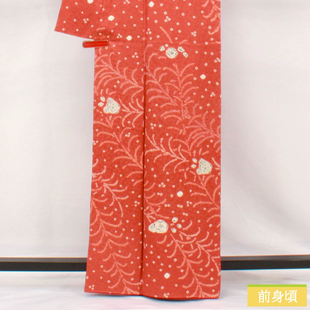 小紋 正絹 身丈163cm 裄丈65cm 袷 緋銅色（ひどうしょく） 絞り 辻ヶ花 Sランク 朱系 1115005242416