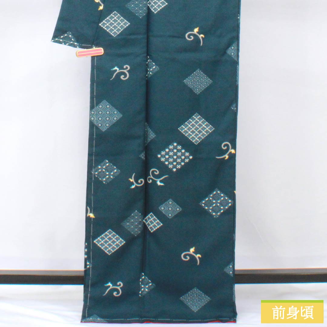 小紋 ポリエステル 身丈167.5cm 裄丈66cm 袷 深藍色（ふかあいいろ） 抽象模様 洗える着物 しつけ糸付き Sランク 紺系 1115006012518
