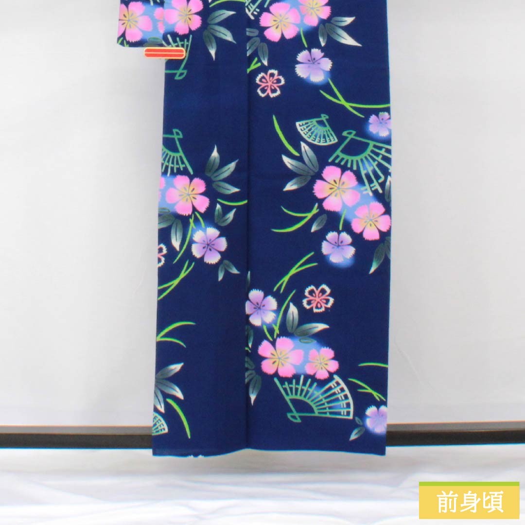 浴衣 木綿 身丈157cm 裄丈68.5cm Sランク 単衣 紺系 紺瑠璃色（こんるりいろ） 秋桜 扇 1118005972318