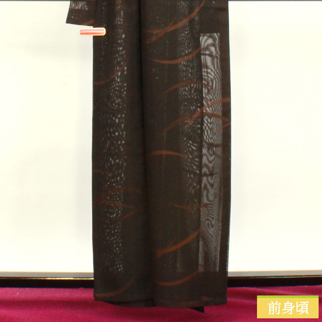 Summer pure silk komon length 161cm sleeve length 65.5cm reddish black (akaguroiro) monsha (monsha), tsuyukusa (dayflower) gauze, S rank, brown 1132001892414