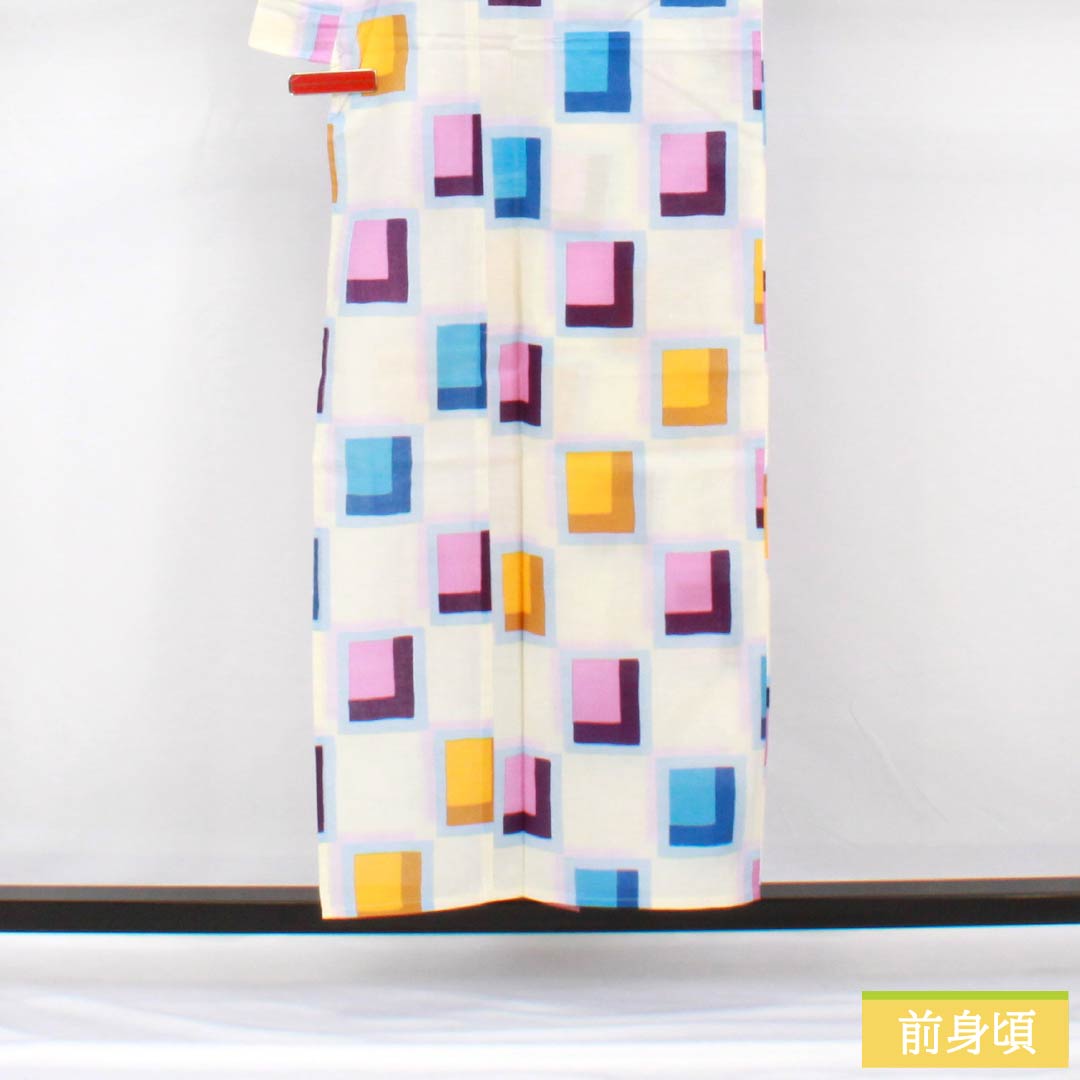 浴衣 木綿 身丈154cm 裄丈64cm Aランク 単衣 白系 ブロック柄 1118005383211