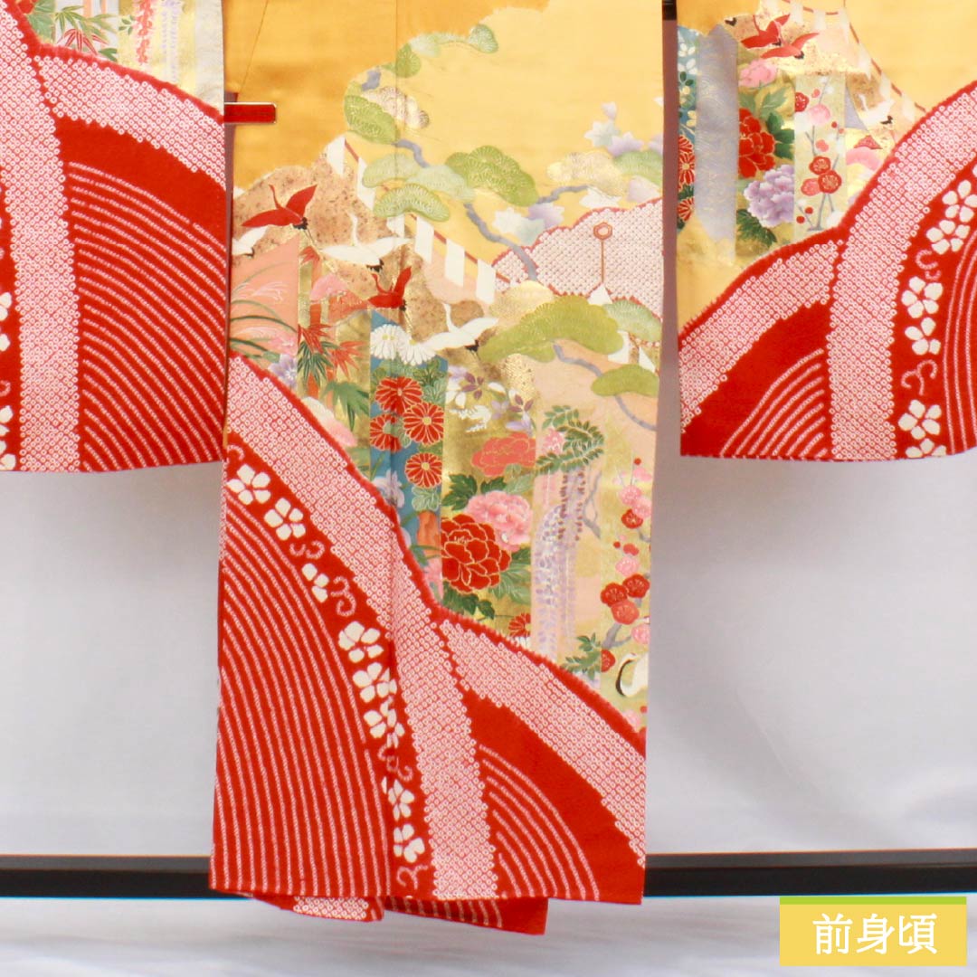 振袖 正絹 Sランク 身丈152cm 裄丈61cm 袷 緋色（ひいろ） 京友禅 吉祥文様 鶴 梅 松 赤系 1113002182212