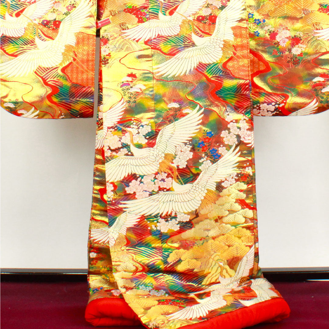 色打掛 身丈182cm  唐織 鶴 松 梅 波 正絹 Sランク 袷 グラデーション系 1110000582999