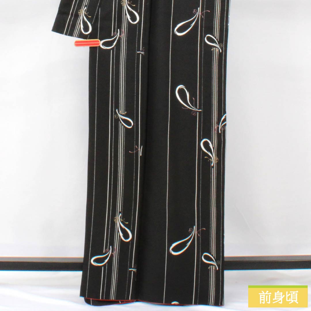 Komon (small pattern) kimono, polyester, length 166cm, sleeve length 66cm, lined, abstract pattern, washable, S rank, black, 1115005942510