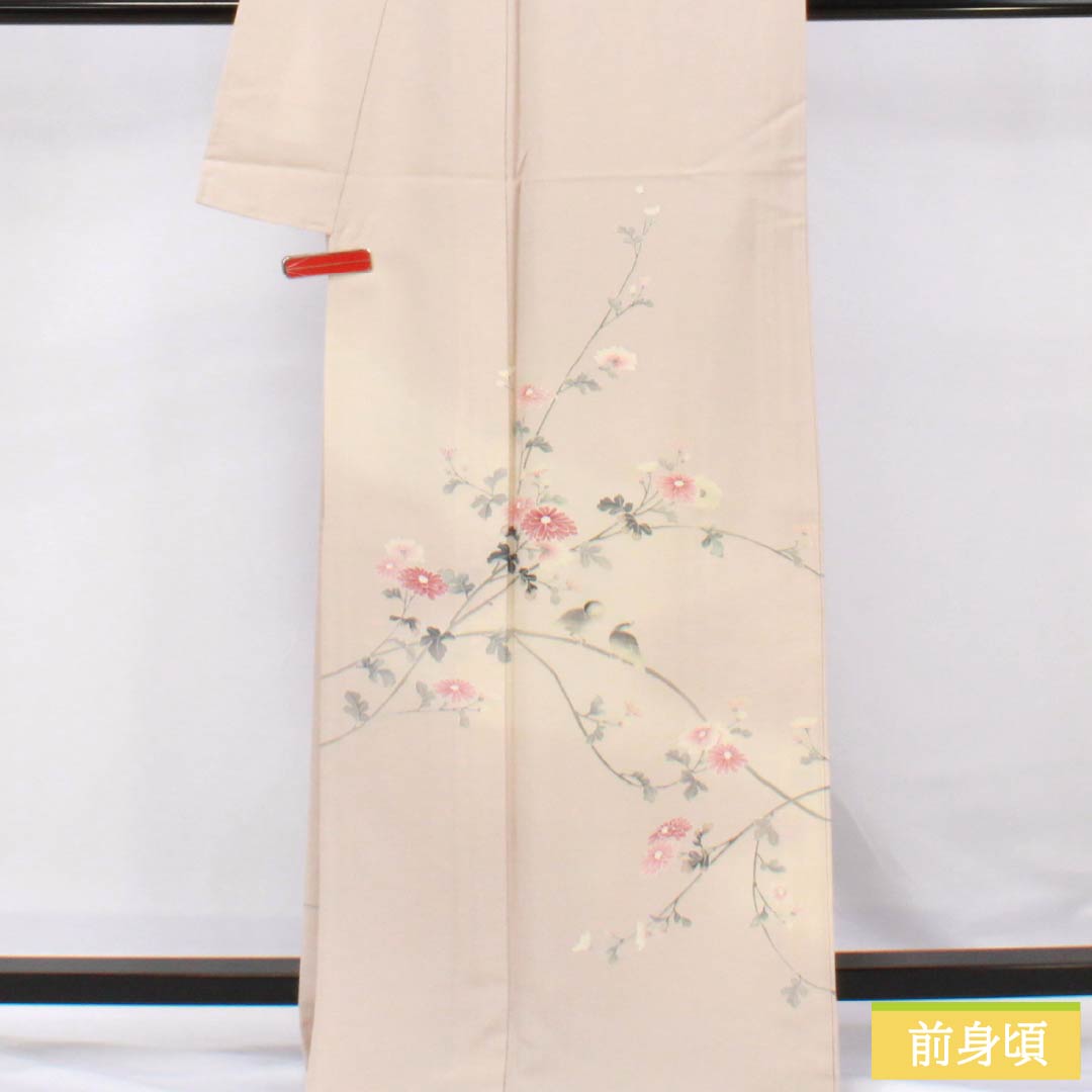 訪問着 正絹 Aランク 単衣 身丈167cm 裄丈68.5cm 翁茶色（おきなちゃいろ） 京友禅 鳥 菊花 ピンク系 1112006103513