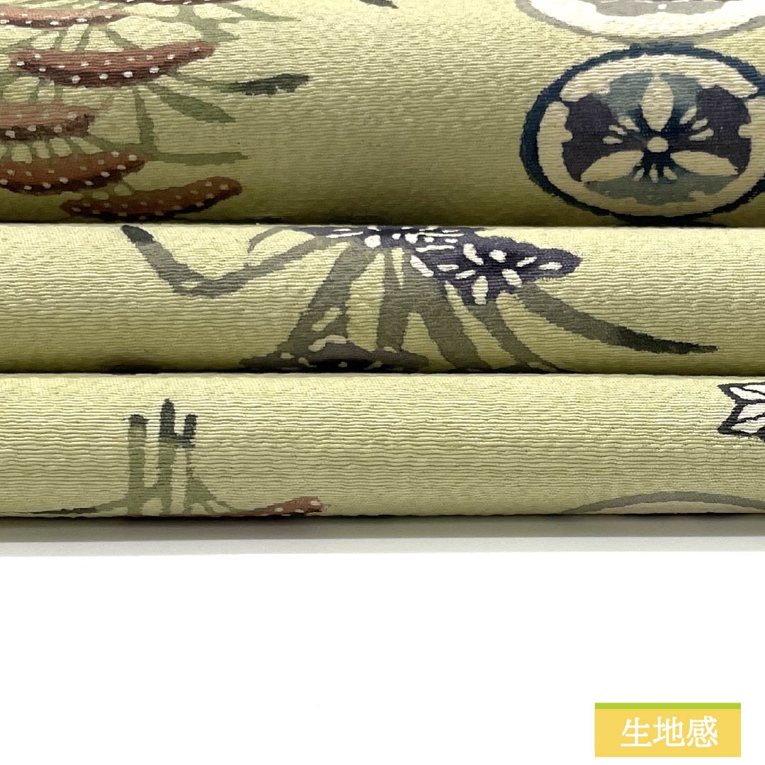 Nagoya obi, sulfur color, Kyoto Bingata, round crest, pine, obi length 341cm, pure silk, A rank, six-pass, casual, green, 1124007593319, Nagoya style