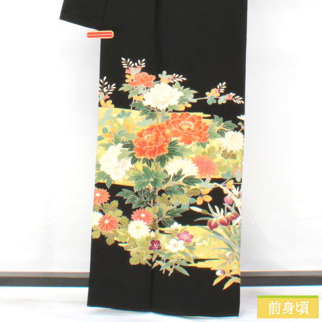 Black formal kimono, pure silk, length 162cm, sleeve length 66cm, lined, Kyoto yuzen, floral pattern, artist's work, five crests, circle with oak leaves, A rank, black, 1111001613410