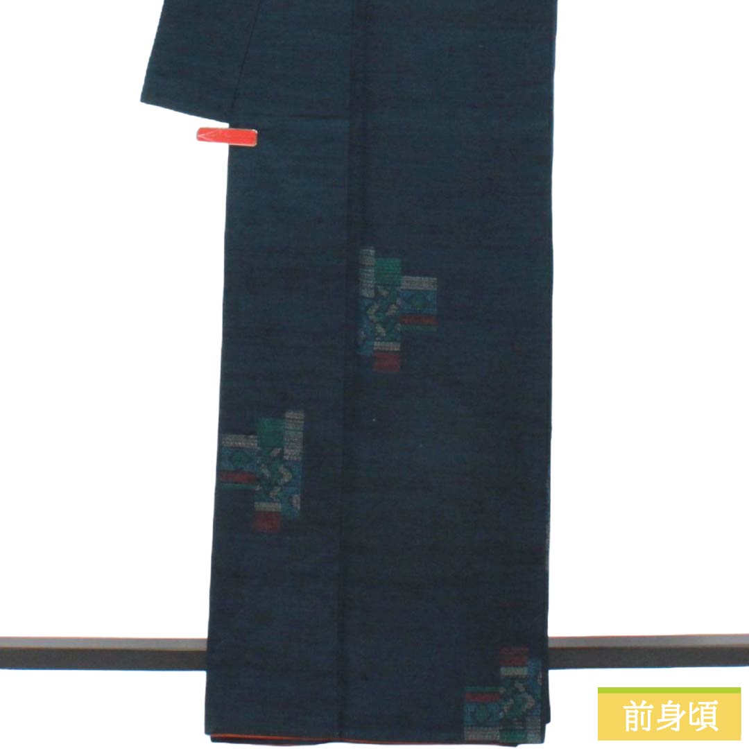 リサイクル着物】紬 正絹 Sランク 身丈166cm 裄丈66cm 濃紺色（の