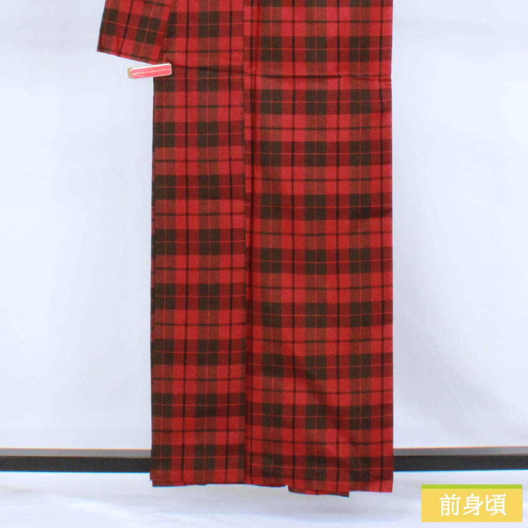 紬 正絹 Aランク 身丈159cm 裄丈64cm 大島紬 格子 袷 赤系 1116005063312