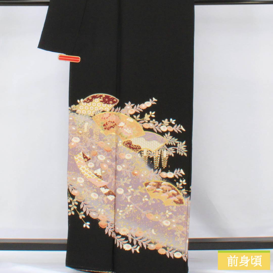 黒留袖 ポリエステル Bランク 身丈162cm 裄丈65.5cm 袷 京友禅 五つ紋 揚羽蝶 地紙 扇面 草花 洗える着物 五つ紋 黒系 1111001884410