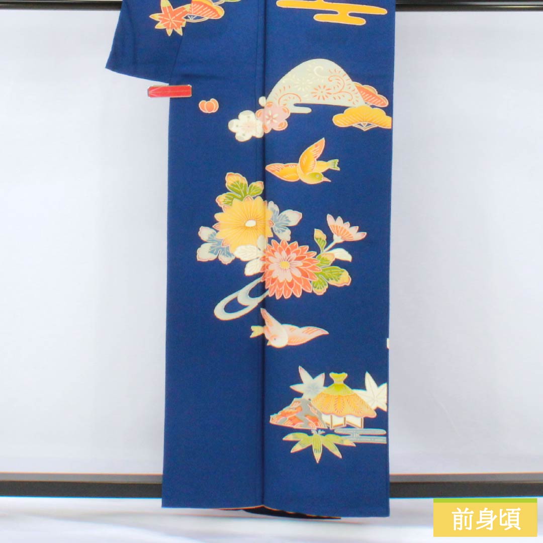 訪問着 正絹 Bランク 袷 身丈158cm 裄丈63.5cm 紺瑠璃色（こんるりいろ） 京紅型 吉祥文様 松竹梅 菖蒲 鳥 青系 1112007284317