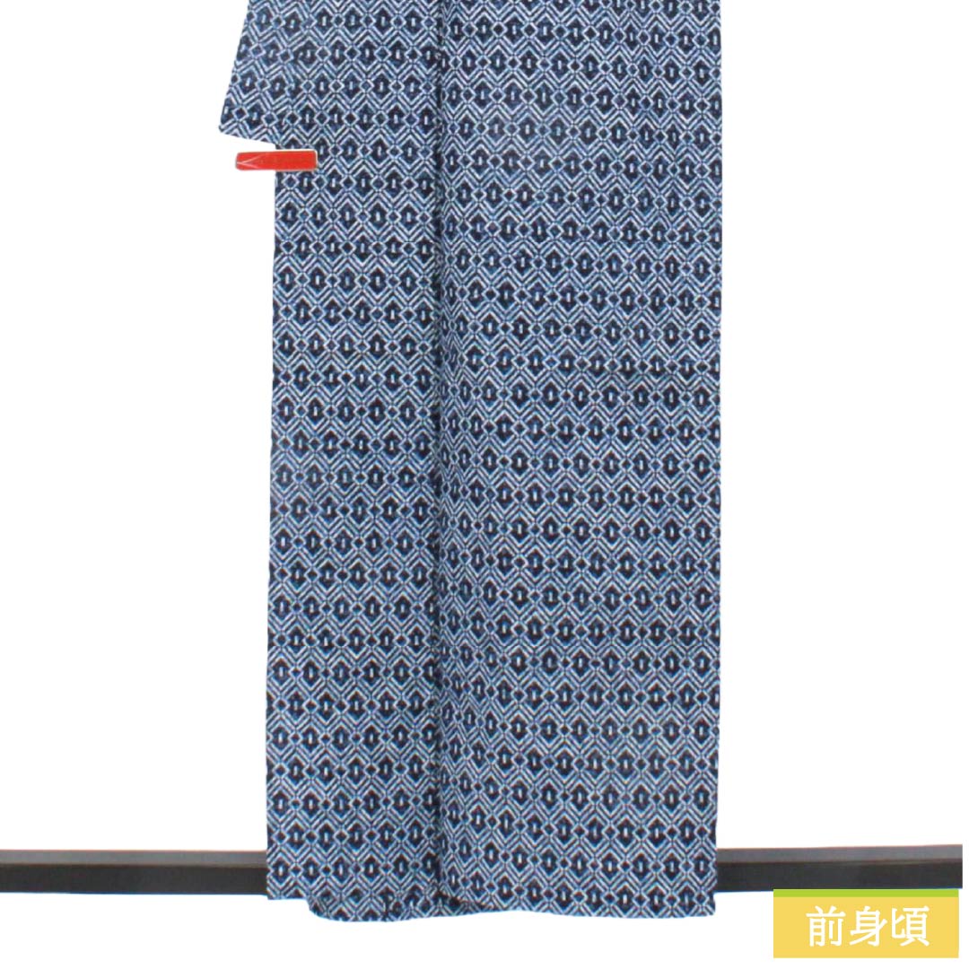 メンズ浴衣 木綿 Aランク 身丈157.5cm 裄丈72cm 幾何学模様 居敷当て付き 単衣 紺系 1138001133518