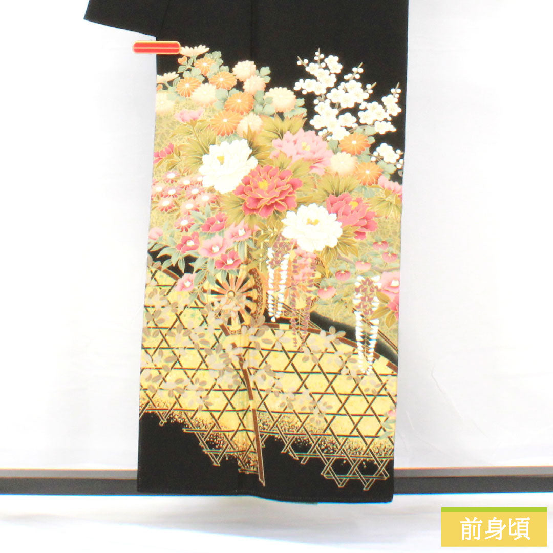 Black formal kimono, pure silk, length 155cm, sleeve length 63.5cm, lined, artist work, Kyoto Yuzen, flower cart, five crests, ivy, B rank, black, 1111001454310