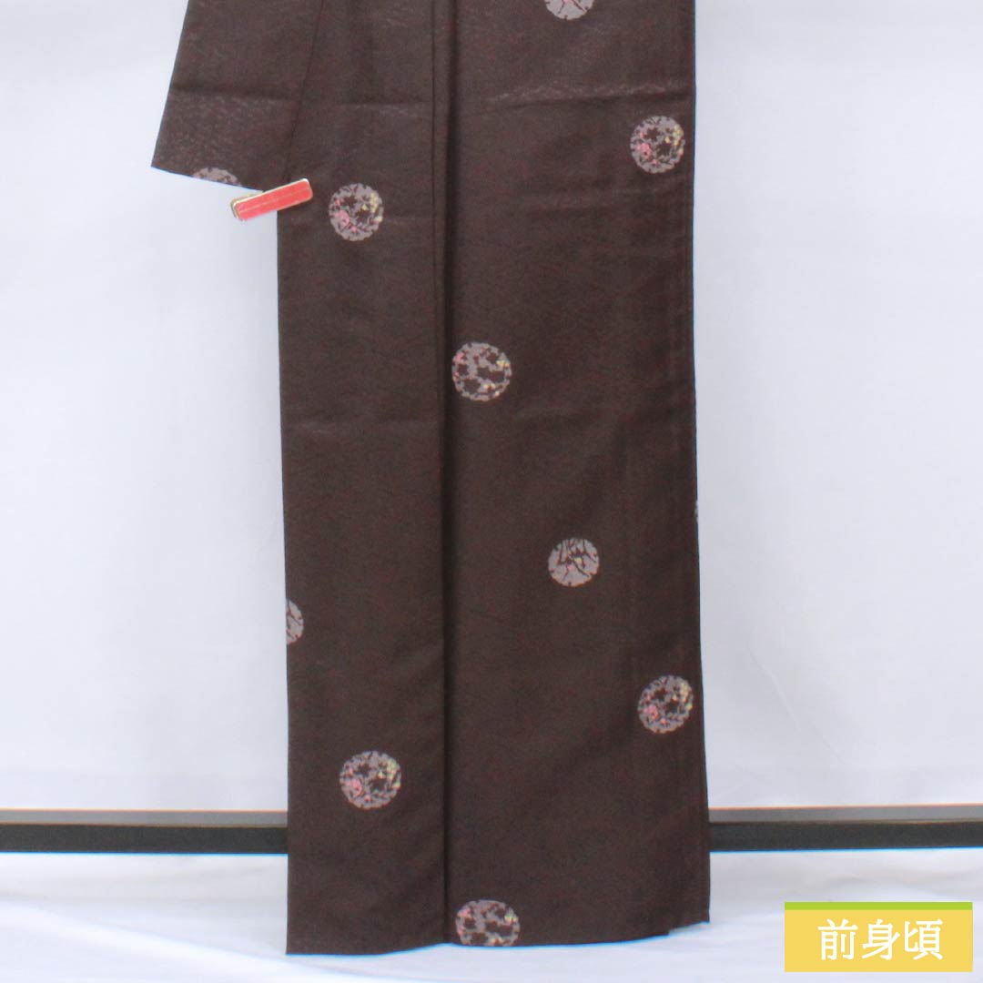 小紋 ポリエステル 身丈164.5cm 裄丈65.5cm 単衣 紫烏色（しうしょく） 雪輪 花びら 洗える着物 Sランク 紫系 1115006062420