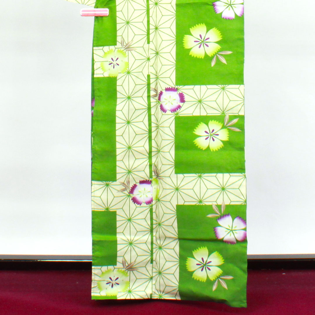 浴衣 常盤色 撫子 麻の葉 木綿 Sランク 単衣 身丈165.5cm 裄丈66cm 緑系 1118002722519