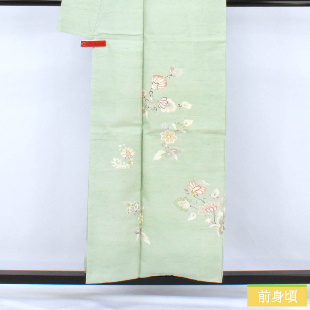 訪問着 正絹 Aランク 袷 身丈155cm 裄丈61cm 薄緑色（うすみどりいろ） 牛首紬 一つ紋 中陰蔦 草花 緑系 1112007533319