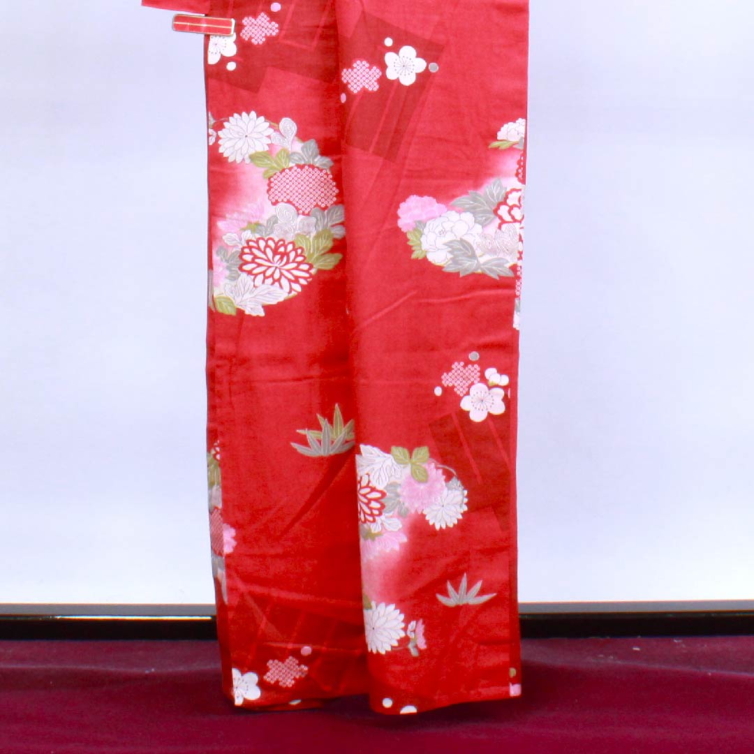 浴衣 蘇芳色 梅 牡丹 菊 木綿 Sランク 単衣 身丈163.5cm 裄丈67cm 朱系 1118004242416