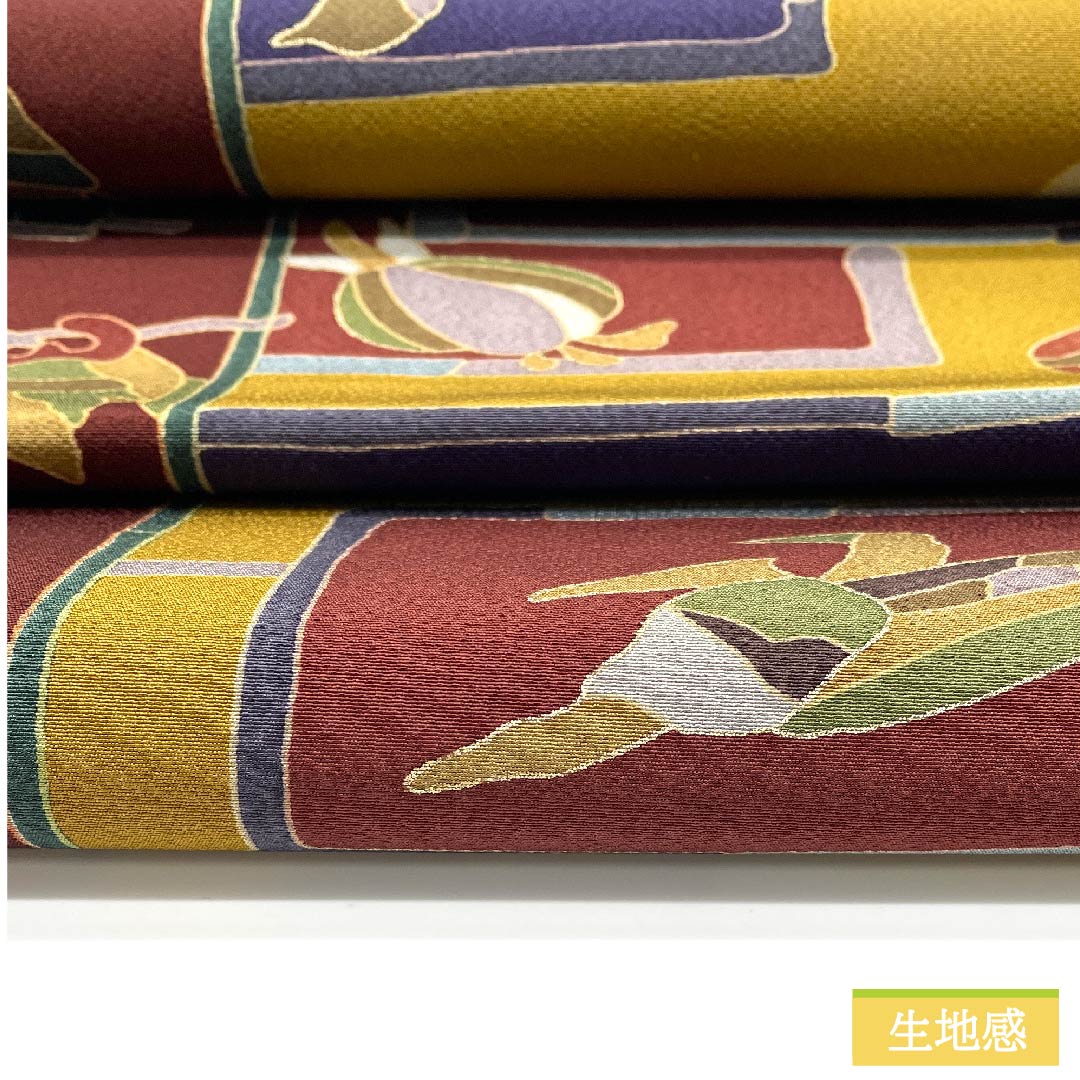 名古屋帯 正絹 錫色（すずいろ） 野菜柄 長尺 農機具 帯丈384cm Sランク 全通 カジュアル グレー系 1124006282422 開き仕立て