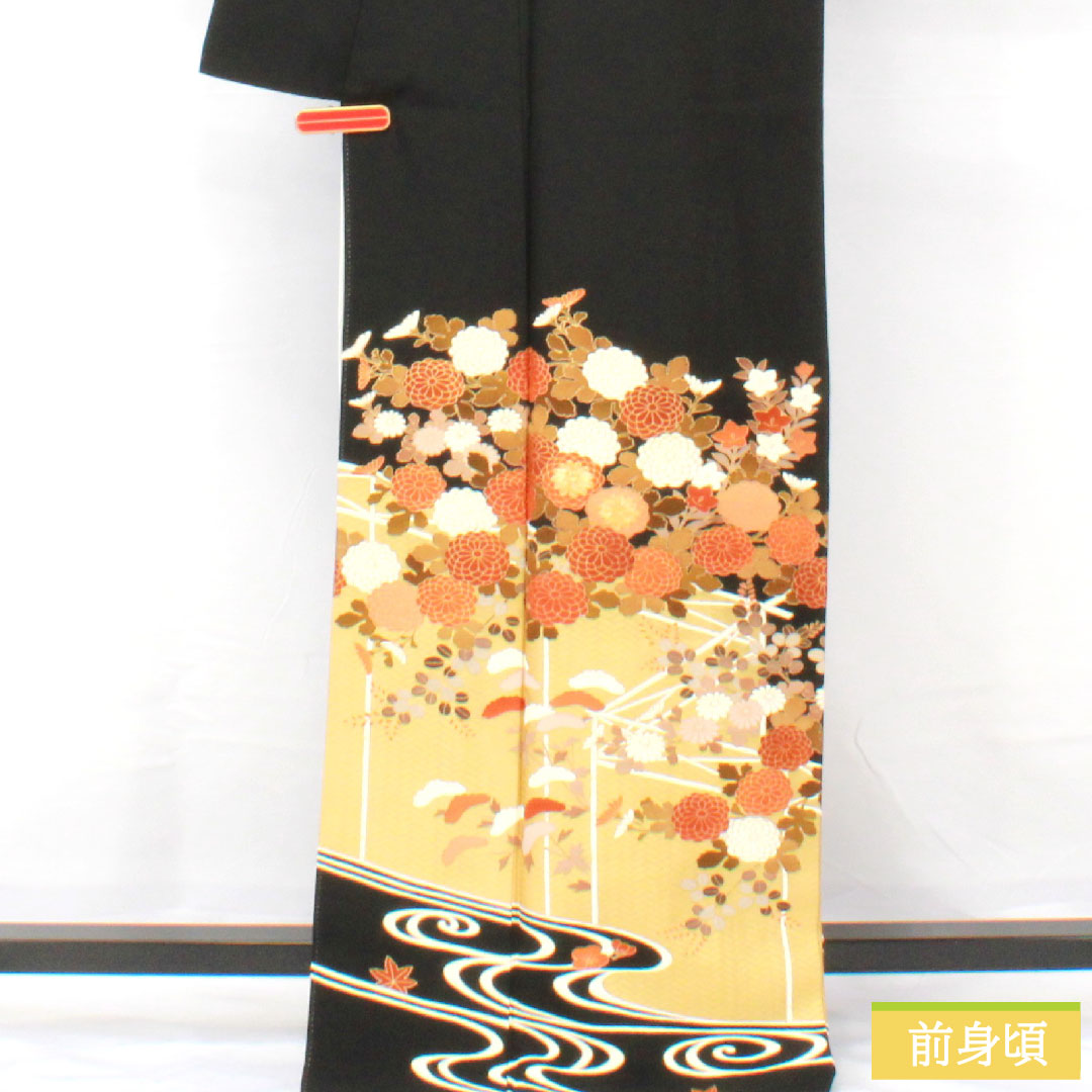Black formal kimono, pure silk, length 167cm, sleeve length 67cm, lined, Kyoto yuzen, floral pattern, five crests, plum blossom, S rank, black, 1111001642510