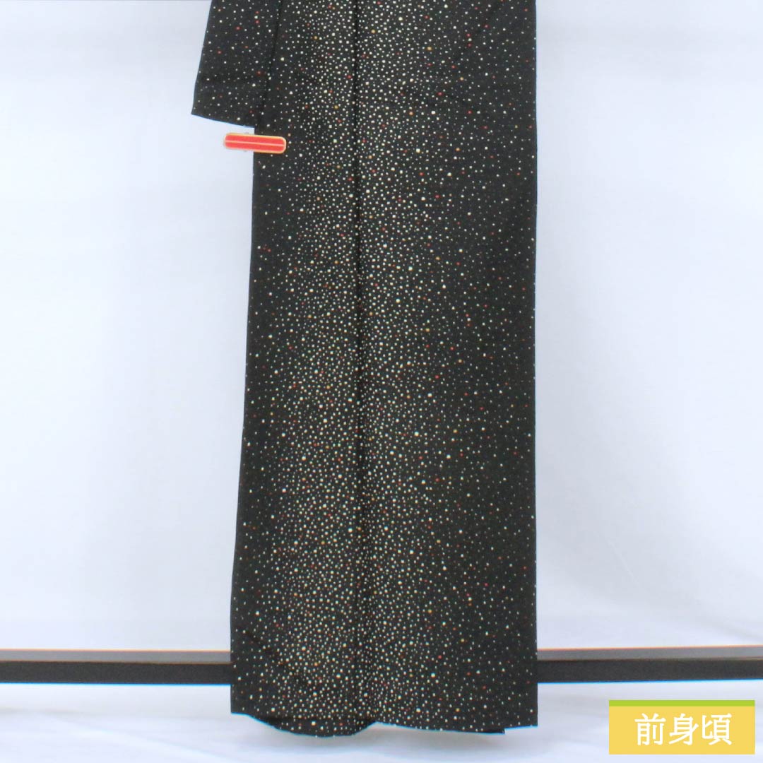 小紋 ポリエステル Sランク 身丈160cm 裄丈62.5cm 単衣 タタキ染 洗える着物 黒系 1115008042410