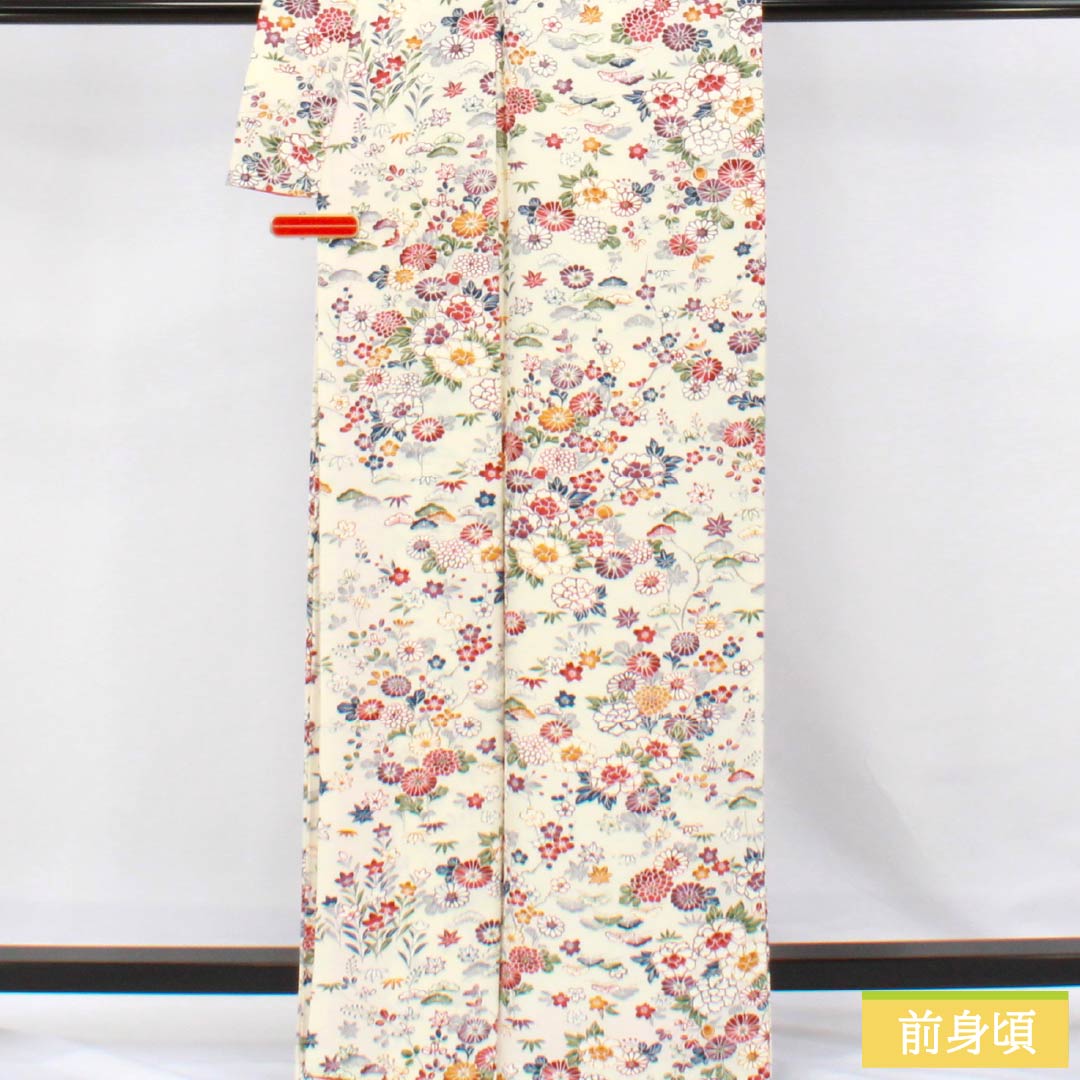 小紋 正絹 Sランク 身丈165.5cm 裄丈65cm 袷 生成り色（きなりいろ） 京友禅 草木 花 白系 1115007052511
