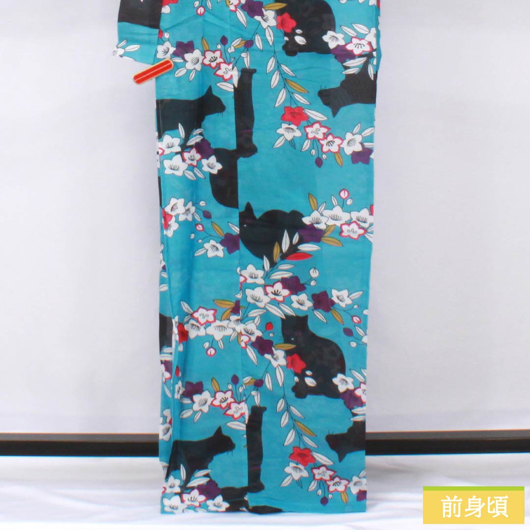 （新品未使用品） 浴衣 ポリエステル 身丈167cm 裄丈65cm NEWランク 単衣 青系 花浅葱色（はなあさぎいろ） 黒猫 桔梗 1118005731517