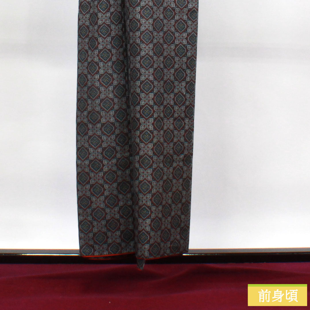 村山大島紬 正絹 身丈153.5cm 裄丈62cm  アンサンブル 幾何学模様 Aランク 袷 黒系 1116002973210