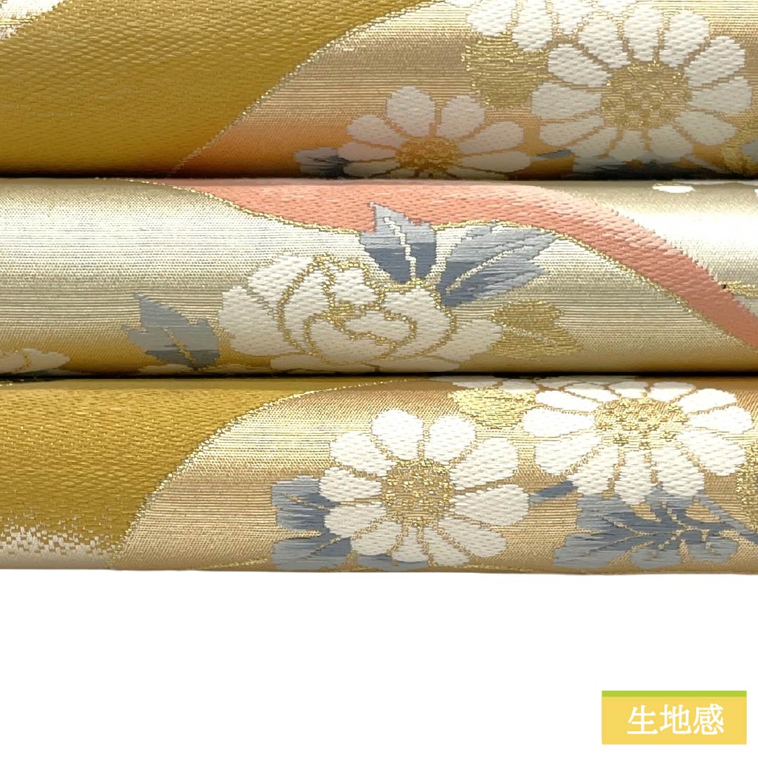 袋帯 正絹 Aランク 銀色（ぎんいろ） 遠山 草花   帯丈416cm 六通 フォーマル 銀系 1123018623322
