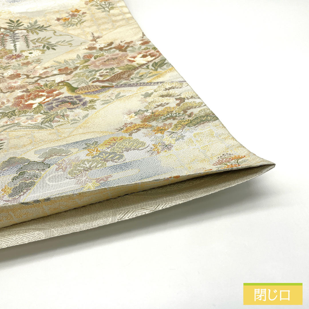 リサイクル着物】袋帯 正絹 Aランク 西陣織 扇面 吉祥文様 帯丈434cm