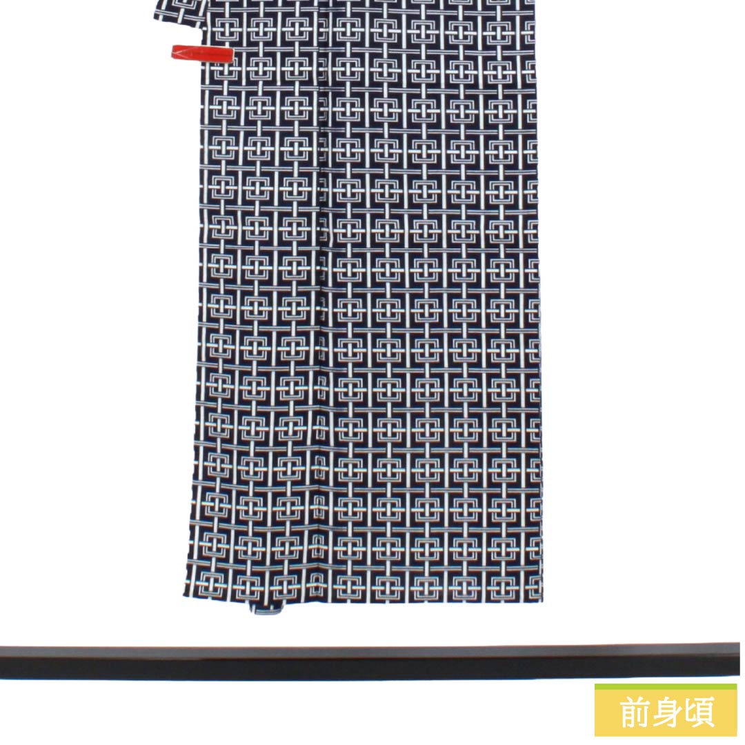 メンズ浴衣 木綿 Aランク 身丈146cm 裄丈69cm 濃紺色（のうこんいろ） 幾何学模様 居敷当て付き 単衣 紺系 1138000543418