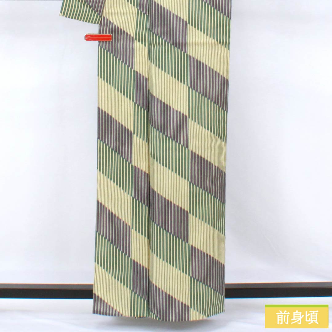 Polyester Komon, Rank S, Length 161cm, Sleeve-to-shoulder 65.5cm, Unlined, Light Yellow Ochre, Stenciled, Stripes, Diagonal Ichimatsu, Washable Kimono, Yellow-based, 1115008012423