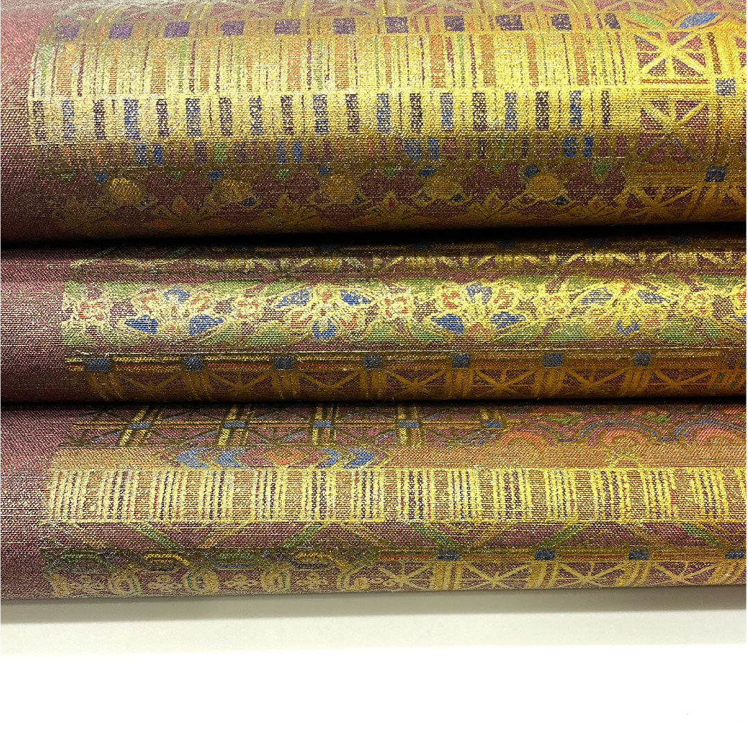 袋帯 七宝 麻の葉 染め帯 帯丈446cm 正絹 Sランク 全通 セミフォーマル 茶系 1123003392314