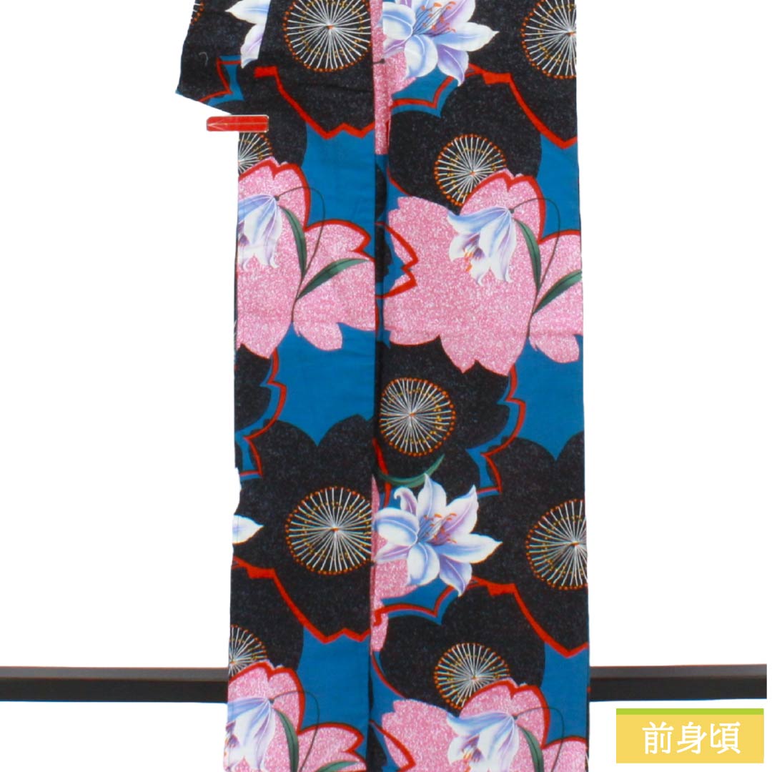 浴衣 木綿 Sランク 身丈165.5cm 裄丈68cm 青黛色（せいたいいろ） 百合 桜 型染 単衣 青系 1118006962517