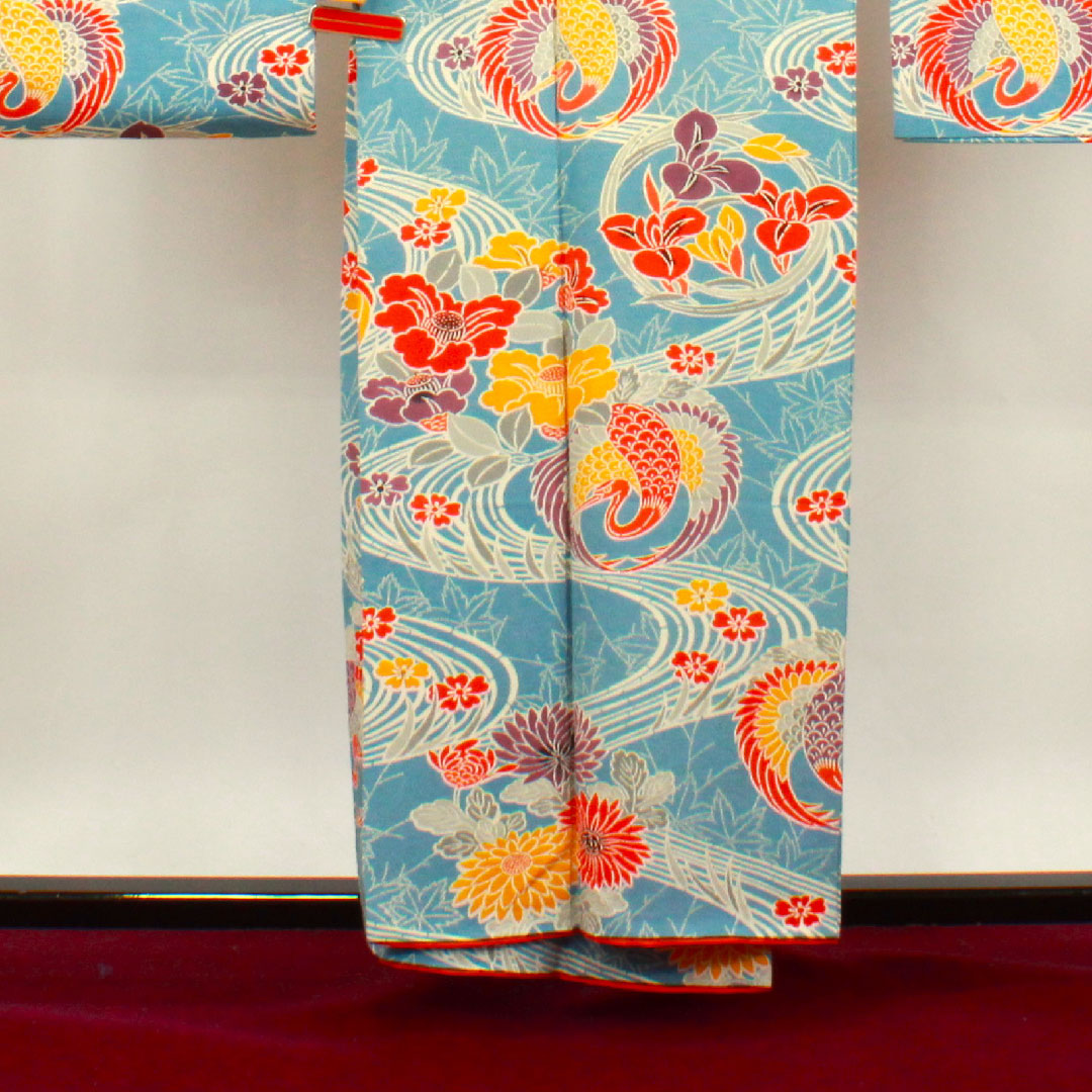 振袖 身丈156.5cm 裄丈64cm 袷  天青色 京紅型 吉祥文様  正絹 Aランク 青系 1113001653317