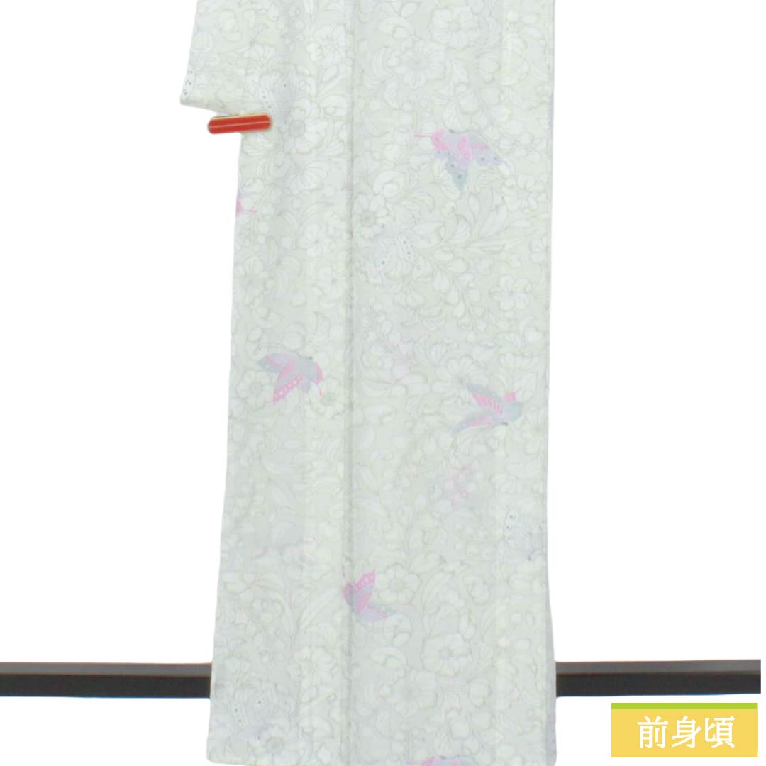 夏物 ポリエステル 小紋 Sランク 身丈164.5cm 裄丈64cm 魚肚白色（ぎょとはくいろ） 洗える着物 辻ヶ花 蝶 絽 グレー系 1132005542422
