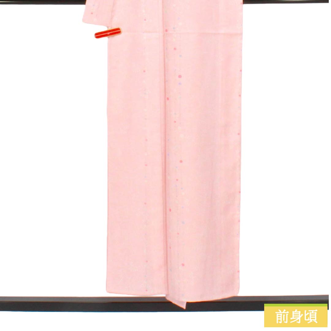 夏物 ポリエステル 小紋 Sランク 身丈152cm 裄丈62.5cm 曙色（あけぼのいろ） 洗える着物 草花模様 絽 ピンク系 1132007152213