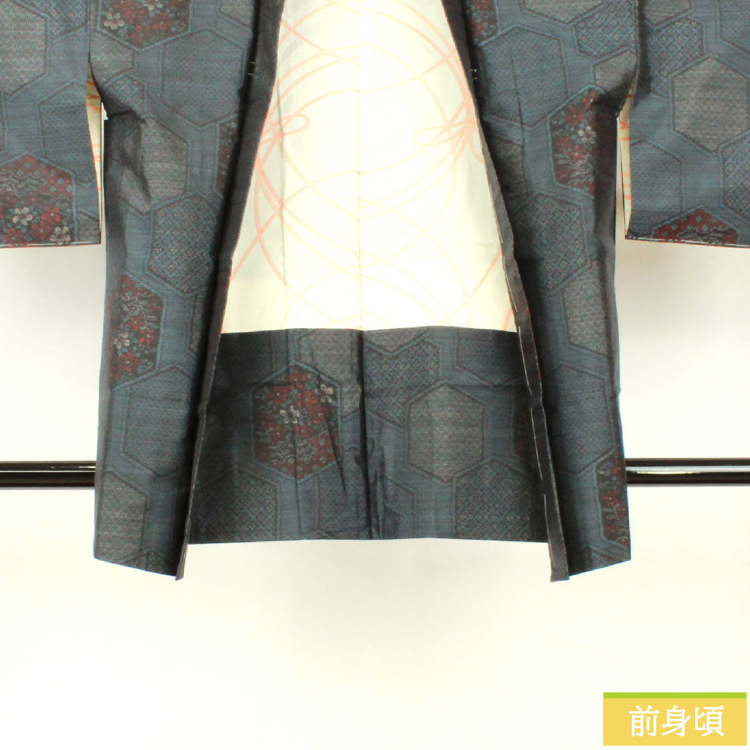 羽織 正絹 身丈87cm 裄丈65.5cm 大島紬 緯総絣 亀甲模様 しつけ糸付き Sランク 袷 紺系 1117001182918