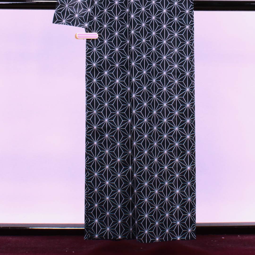 夏物 ポリエステル 小紋 身丈157.5cm 裄丈61.5cm 青墨色（あおずみいろ） 麻の葉 絽 Sランク 紺系 1132000252318