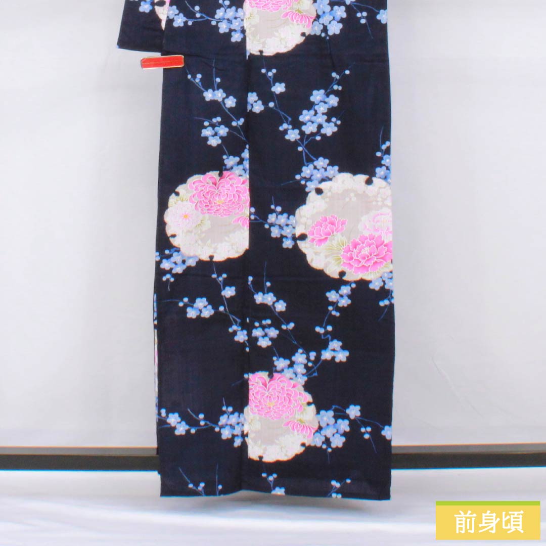 Yukata Cotton Length 161cm Sleeve length 68cm S rank Single layer Navy Deep navy blue Snowflake Flower pattern 1118005492418