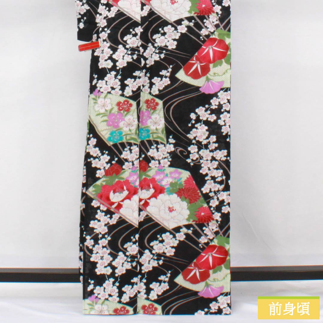 浴衣 木綿 身丈167cm 裄丈64cm Sランク 単衣 黒系 竪絽（たてろ） 総花 扇面 1118006262510