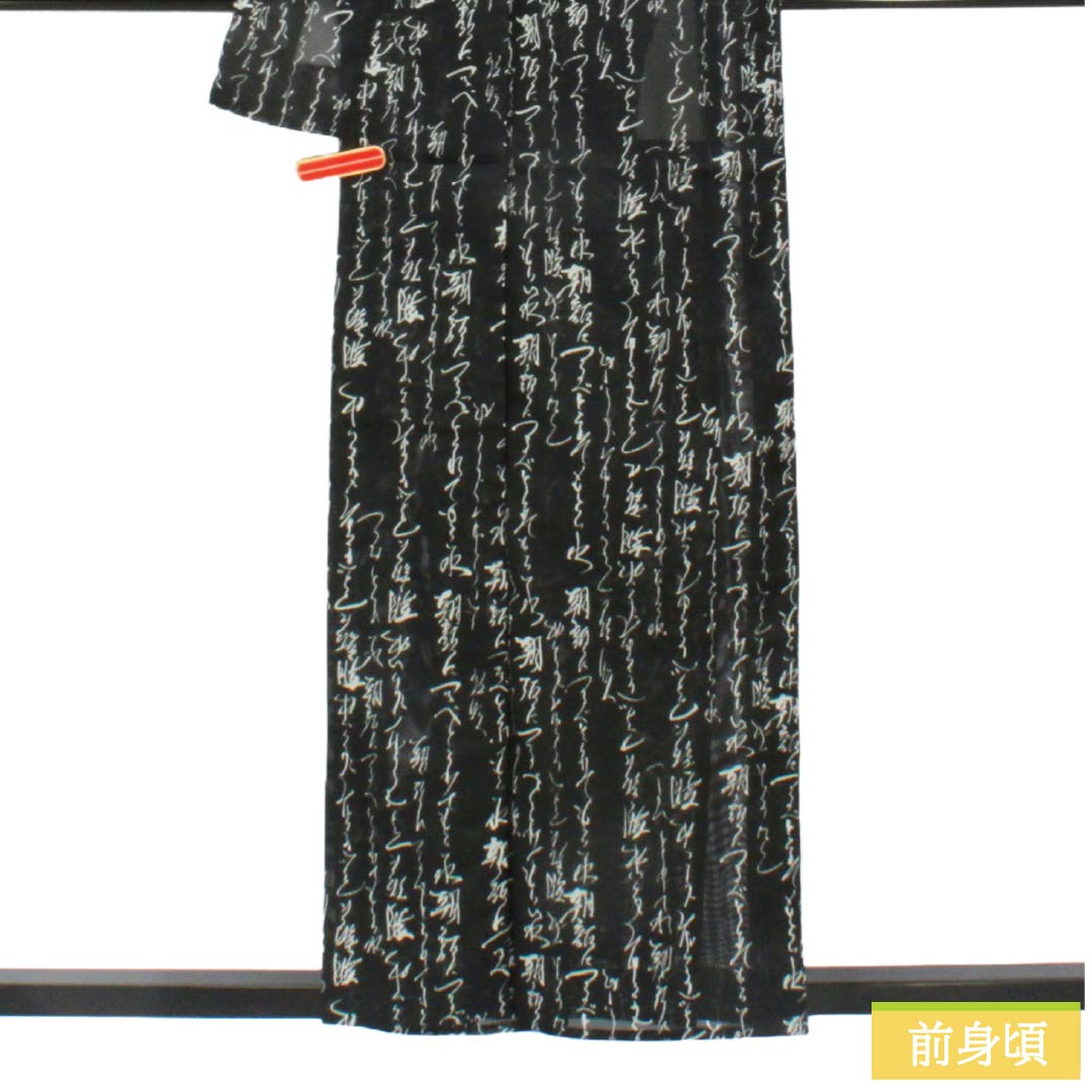夏物 ポリエステル 小紋 Sランク 身丈158cm 裄丈62.5cm 洗える着物 加賀千代女 俳句 絽 黒系 1132007062310