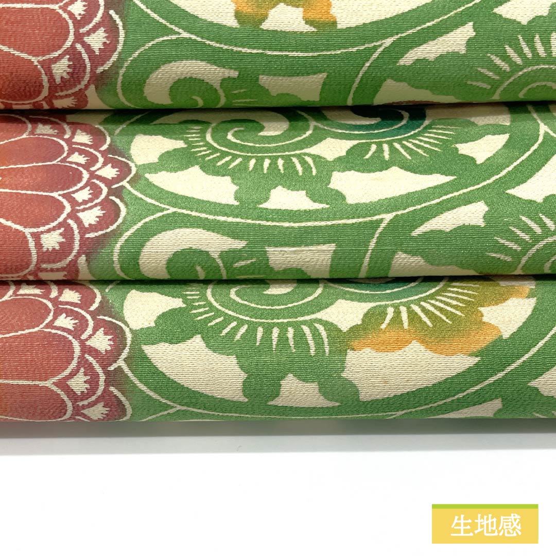 名古屋帯 生成り色（きなりいろ） 型染 菊 花唐草 帯丈366cm 正絹 Aランク 全通 カジュアル クリーム系 1124006603315 開き仕立て