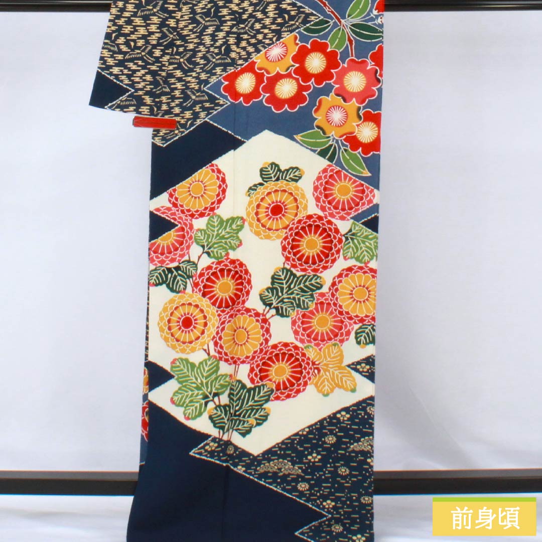 訪問着 正絹 Aランク 袷 身丈164.5cm 裄丈68cm 紺色（こんいろ） 京紅型 栗山吉三郎 栗山公房 紺系 1112006443418