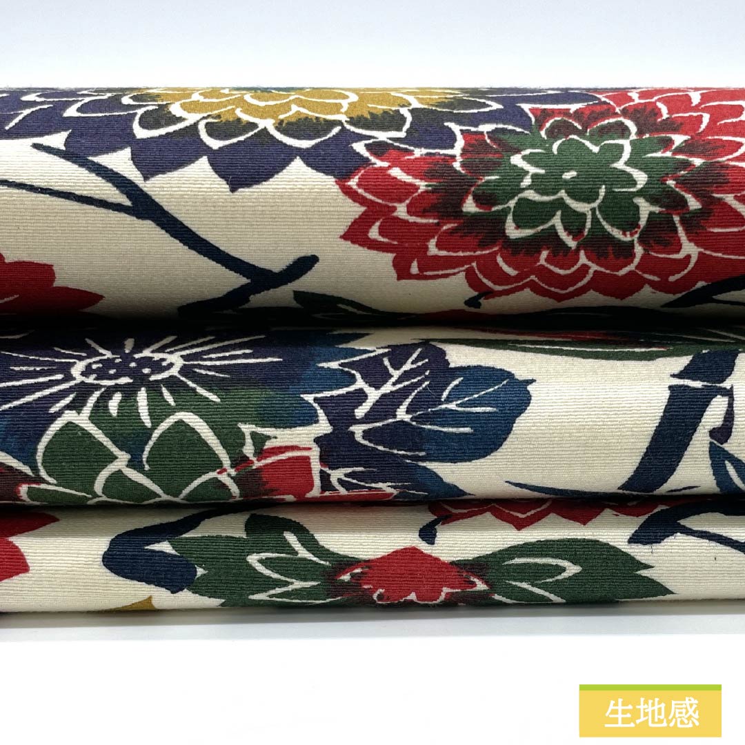 名古屋帯 生成り色（きなりいろ） 型染 菊 紅葉 帯丈352cm 木綿 Sランク 全通 カジュアル クリーム系 1124008062315 名古屋仕立て