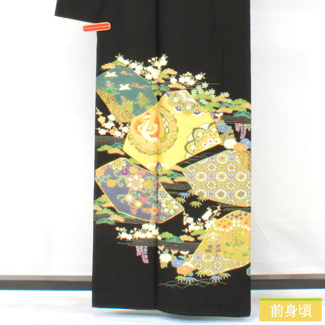 Black formal kimono, pure silk, length 162cm, sleeve length 68cm, lined, Kyoto yuzen, split pattern, phoenix, five crests, five-three paulownia, A rank, black, 1111001733410