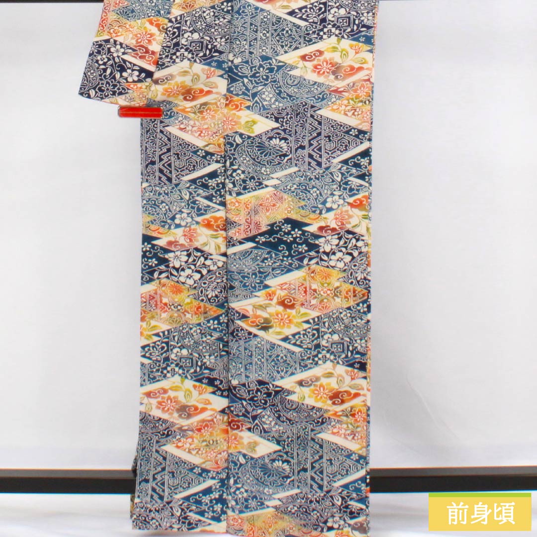 Komon (small pattern) kimono, pure silk, length 165cm, sleeve length 63cm, lined, navy blue (kon-iro) and Berlin blue (berensu-iro), stencil dyeing, Shosoin pattern, A rank, blue, 1115006203517