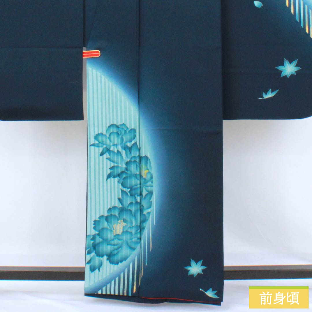 振袖 正絹 Aランク 身丈161cm 裄丈62.5cm 袷 印度藍色（いんどあいいろ） 京友禅 牡丹 紅葉 紺系 1113002833418