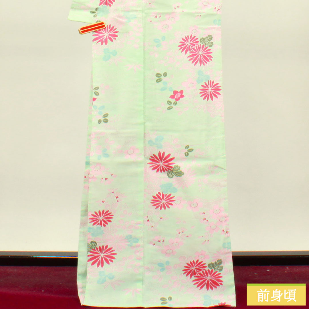 浴衣 木綿 身丈168.5cm 裄丈64cm Sランク 単衣 緑系 白緑色（びゃくろくいろ） 菊 桜 萩 1118004682519